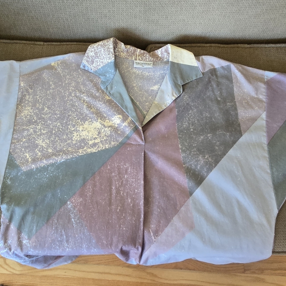Vintage Marimekko Lavender, Green Cream Abstract Print Cotton Oversized XL - Picture 6 of 7